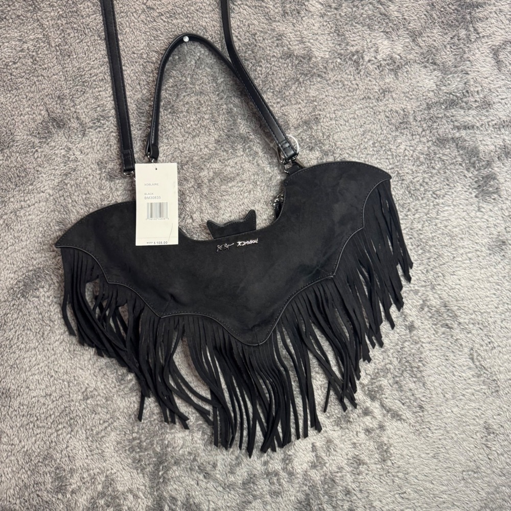 Betsey Johnson XO Blaire Black Bat Fringe Crossbody Bag Novelty Purse BM30835